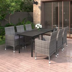Stylish patio dining set with 6 cushioned chairs.