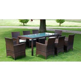 This exquisitely designed rattan patio furniture set consists of 1 table, 8 chairs and 8 removable seat cushions,
