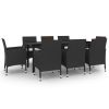 Rattan patio furniture set consists of 1 table, 8 chairs and 8 removable seat cushions.
