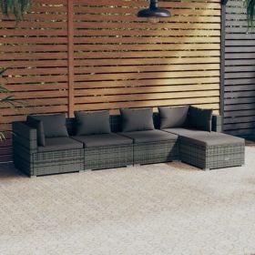 5 Piece Patio Lounge Set with Cushions Poly Rattan Gray (Color: Gray)